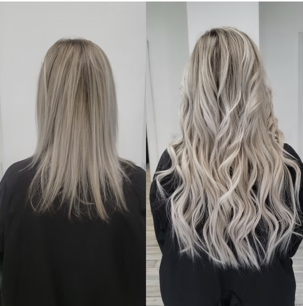 Side-by-side comparison of a woman's hair before and after styling, showing a transformation from dull blonde to long, wavy, platinum blonde hair.