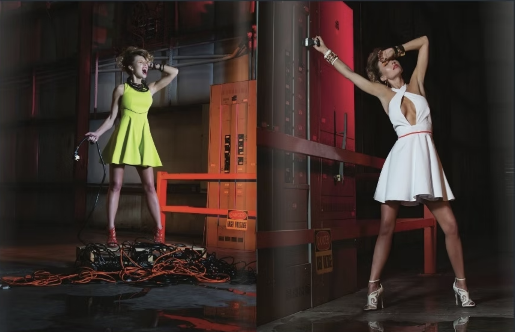A woman in a bright yellow dress and red high heels on stage, holding a microphone and standing on a tangle of cords, with industrial equipment behind her. Another woman in a white dress and high heels, wearing jewelry and posing with her hands behin