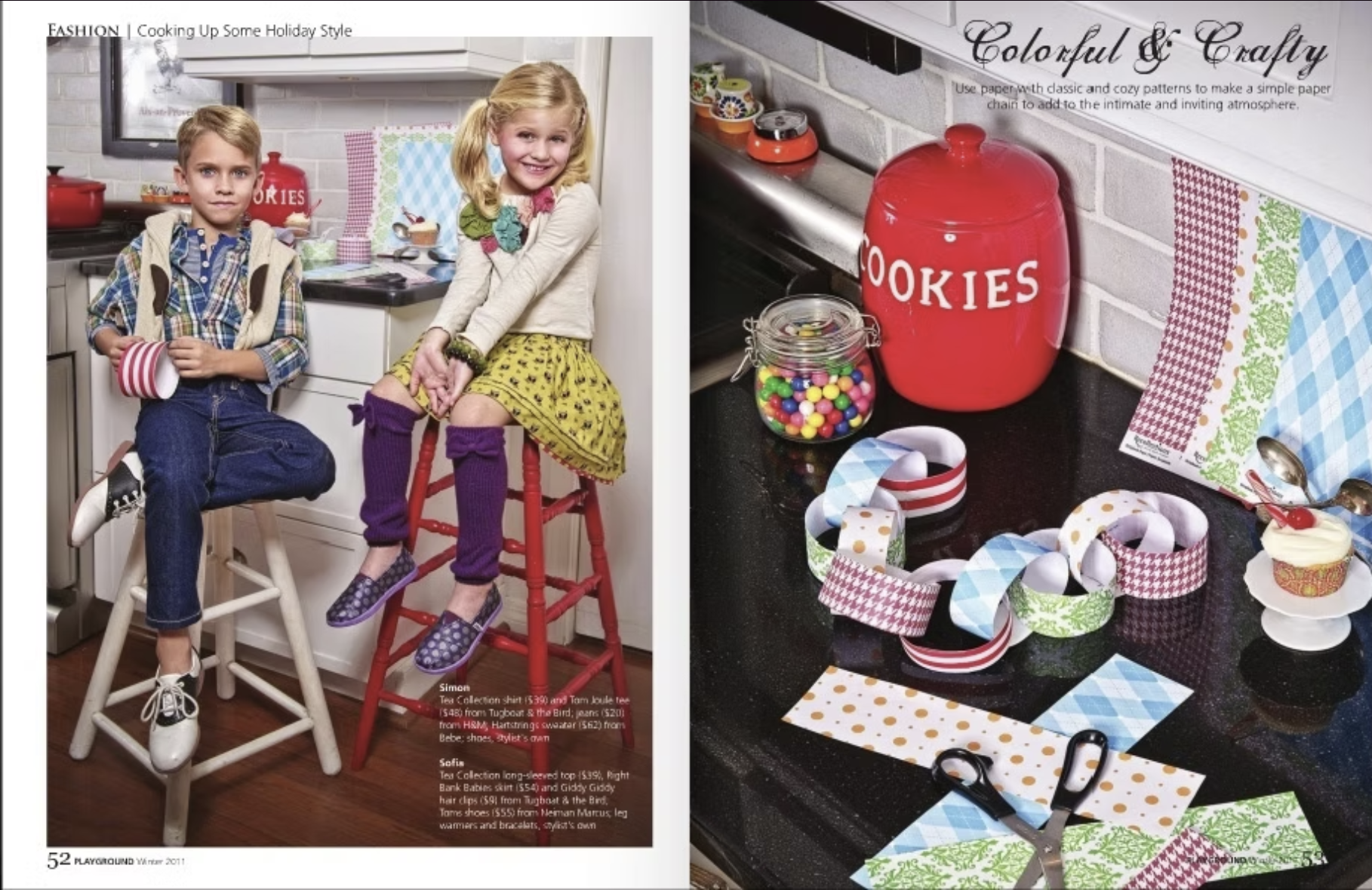 A magazine spread featuring children and holiday craft decorations. The left side shows two children sitting on stools in a kitchen, dressed in casual holiday clothing. The right side displays various colorful paper and fabric crafts, including a sig