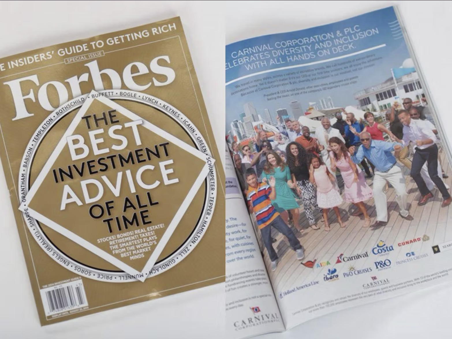 A Forbes magazine cover titled "The Insider's Guide to Getting Rich" and a magazine spread showing a diverse group of people on a cruise ship deck with logos of cruise lines at the bottom.
