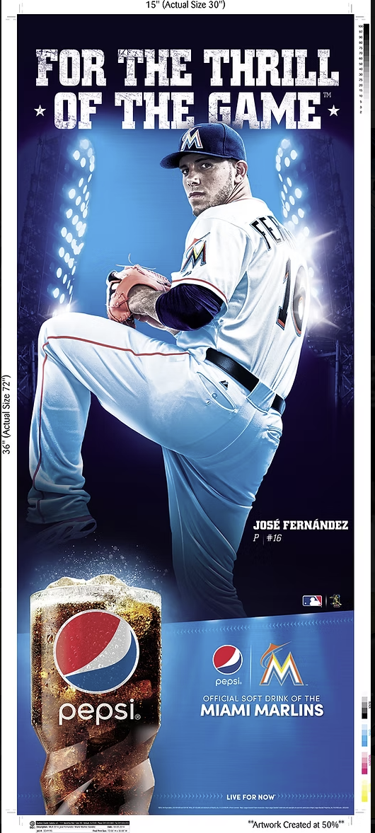 An advertisement featuring a Miami Marlins baseball player in uniform, with promotional text and Pepsi branding, promoting the team's soft drink during a game.
