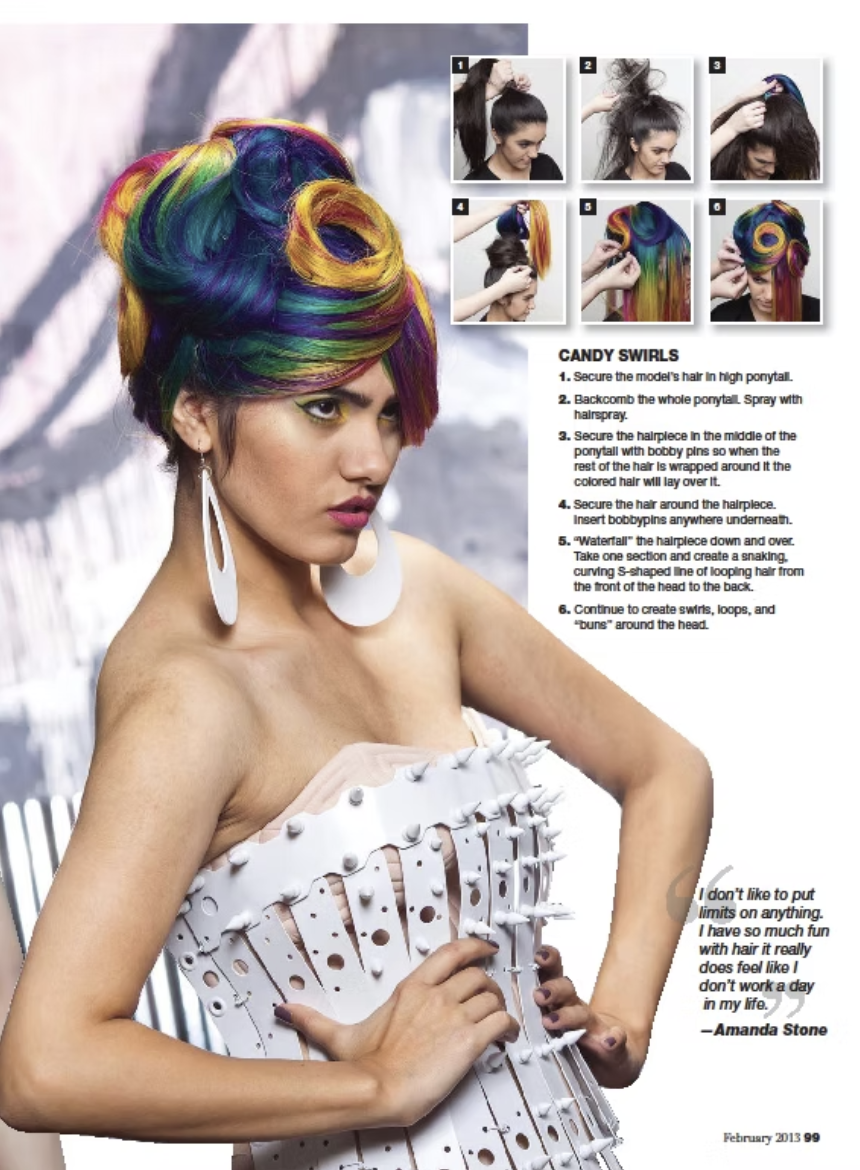 A woman with colorful, rainbow-colored hair styled in an elaborate updo, wearing a white, spiked, and cut-out dress with large white earrings, posing confidently. The image is part of a hair styling tutorial titled "Candy Swirls," with step-by-step i