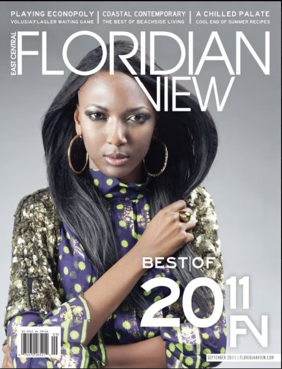 Cover of Floridian View magazine featuring a woman with long black hair, large gold hoop earrings, and a purple blouse with yellow-green polka dots. The magazine tagline highlights local topics and the cover text emphasizes the 'Best of 2011'.