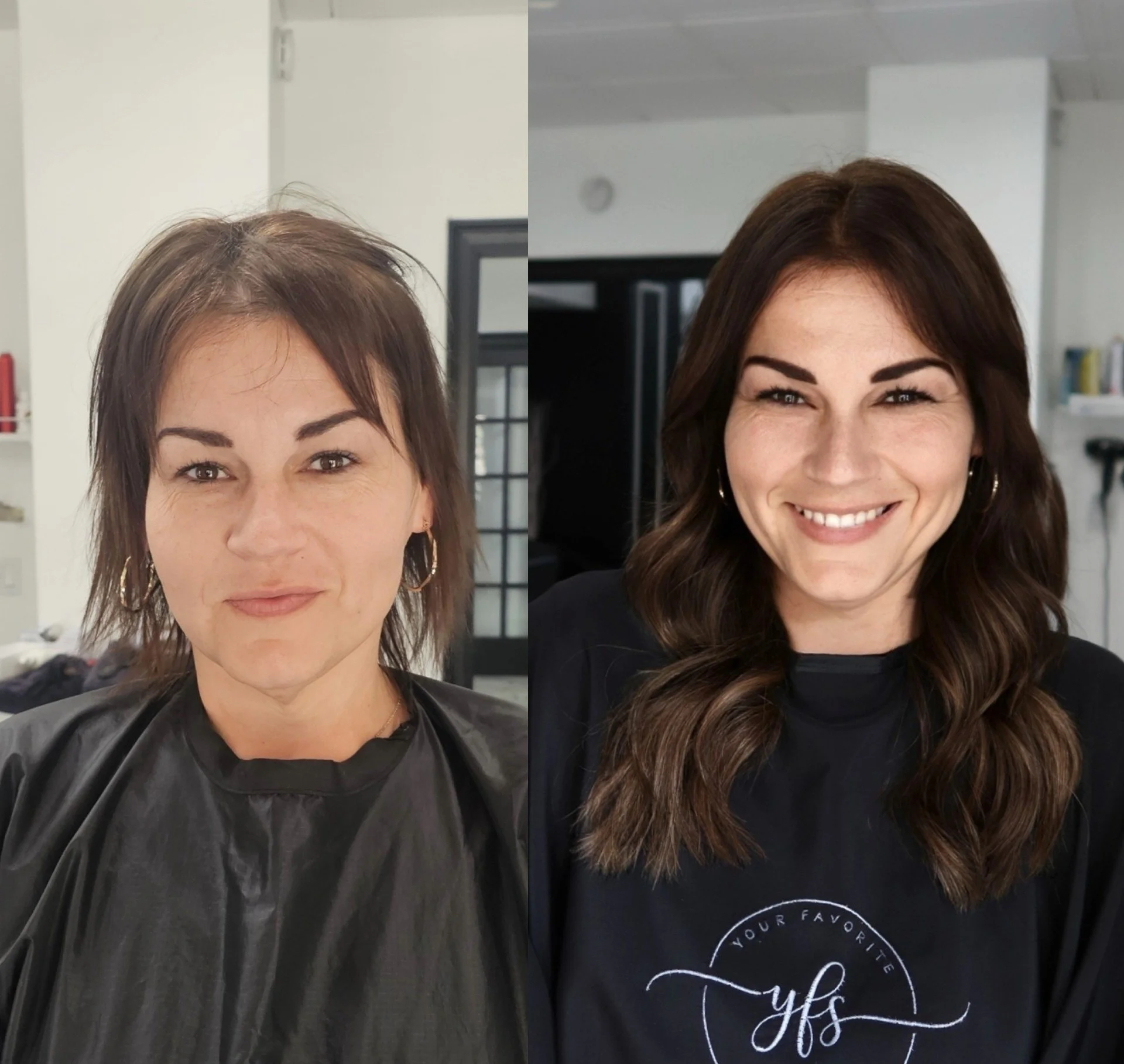 A side-by-side comparison of a woman before and after a haircut. On the left, she has short, slightly tousled brown hair and is wearing a black salon cape. On the right, she has long, styled, dark brown hair and is smiling, wearing a black top with a