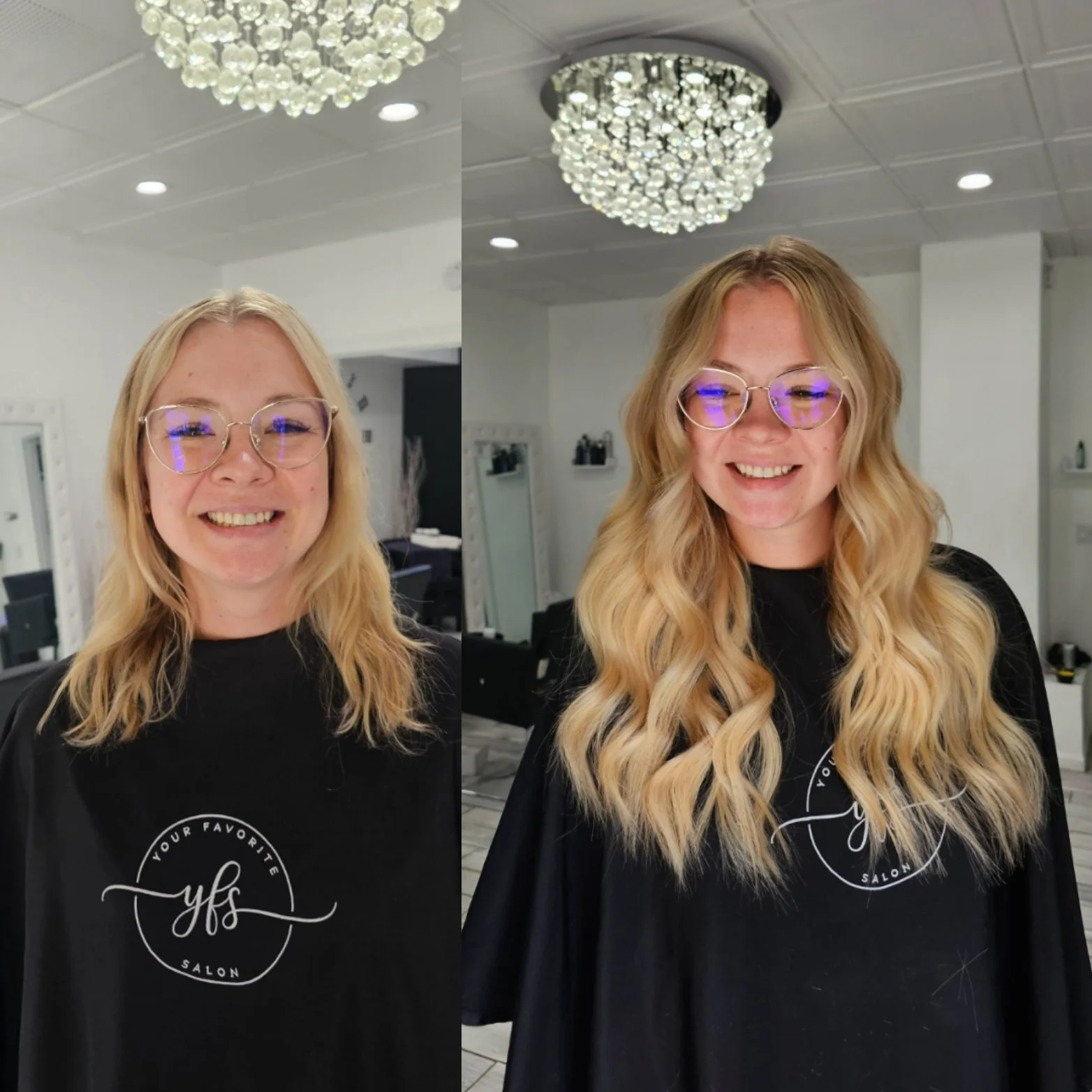 Side-by-side photos of a smiling woman with blonde hair, wearing glasses, in a salon. The left photo shows her with straight hair, and the right with long, curly hair. The salon has white walls, mirrors, and elegant ceiling lighting.