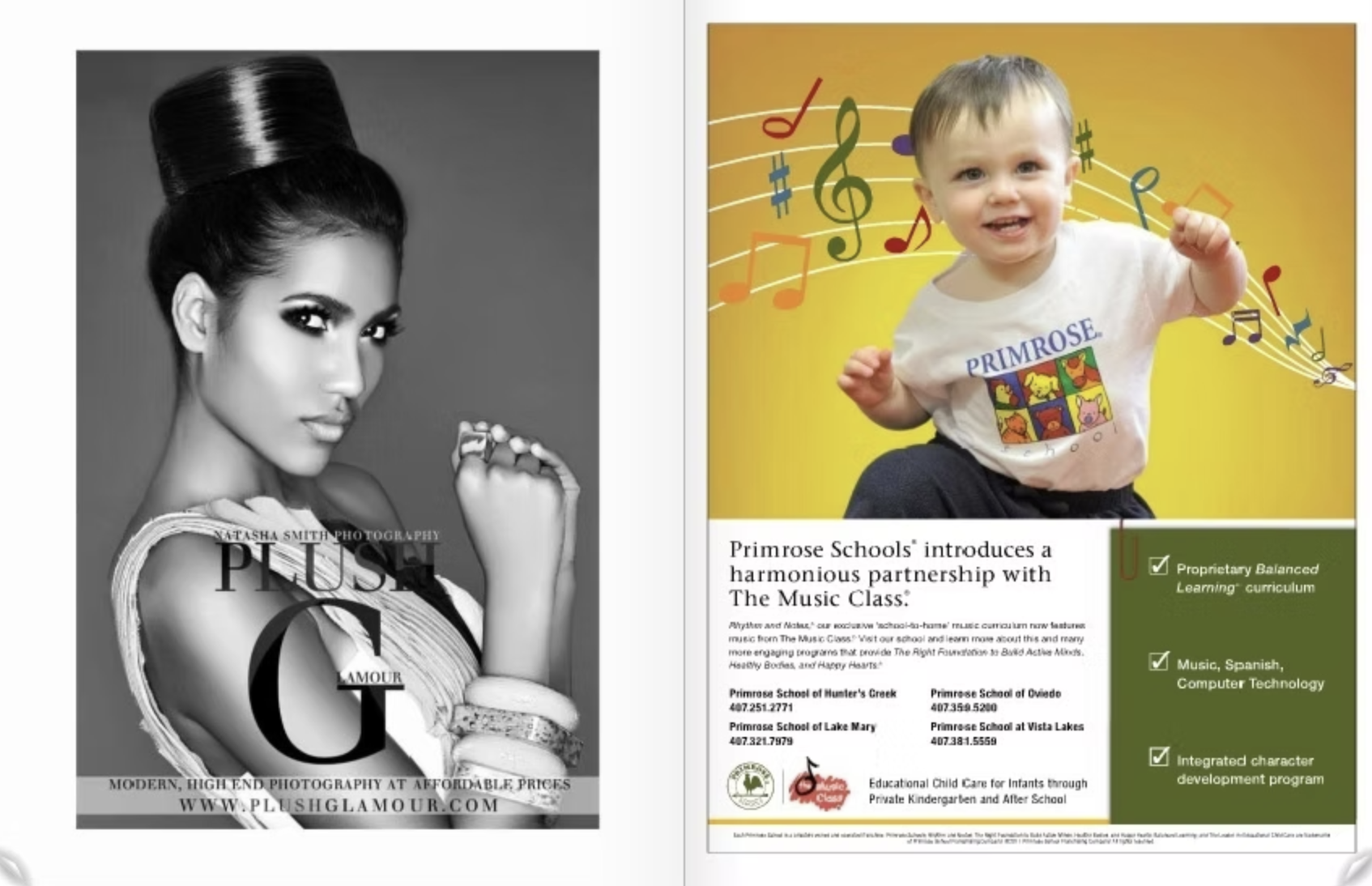 Flyer advertisement for Primrose Schools featuring a black and white portrait of a woman with elaborate hairstyle and makeup on the left, and a happy toddler in a Primrose T-shirt with colorful musical notes on a yellow background on the right, inclu