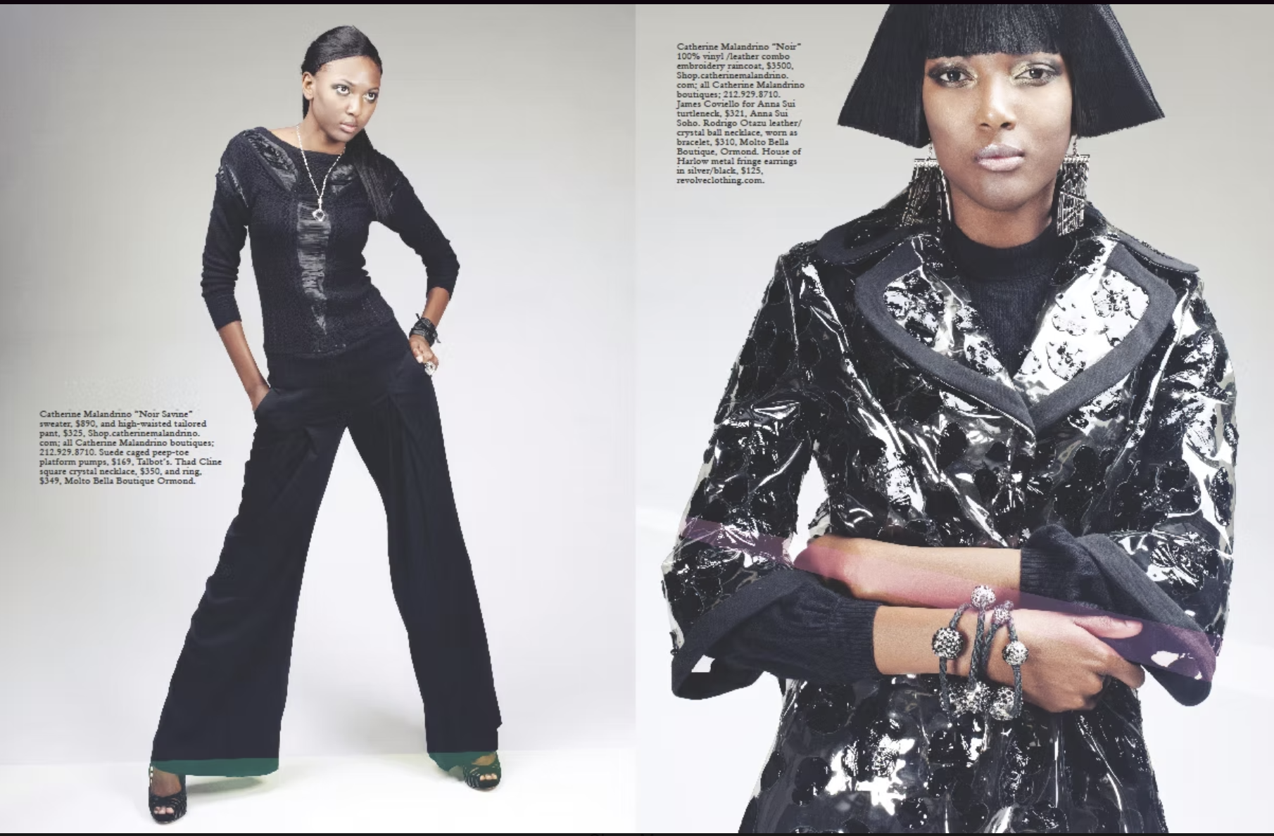 Fashion magazine spread featuring a woman in a black sequined sweater and wide-legged pants on the left, and a close-up of another woman wearing a shiny black and silver patterned jacket with statement jewelry on the right.