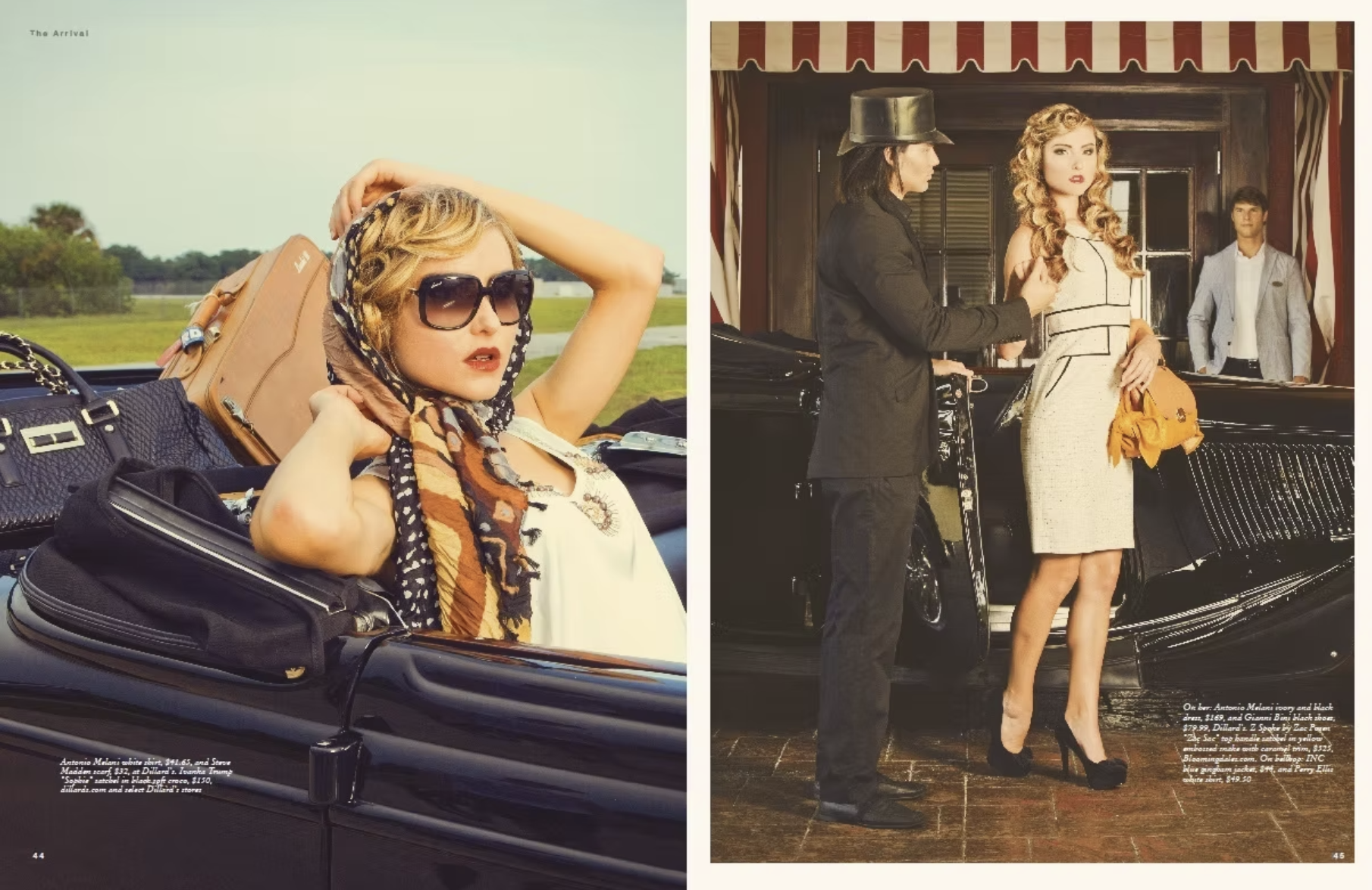 Two photographs featuring stylish women. The left image shows a woman with curly blonde hair, wearing large sunglasses and a scarf, reclining in a luxury car with travel bags and luggage. The right image depicts a woman with curly blonde hair in an e