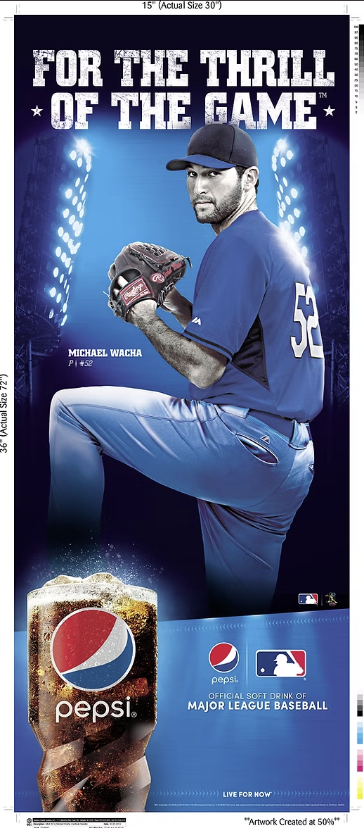 Poster featuring a baseball player in a blue uniform with number 52, holding a baseball glove. The background has stadium lights and a dark blue sky. Text reads 'For the thrill of the game.' At the bottom, there is a large Pepsi glass with ice, and l