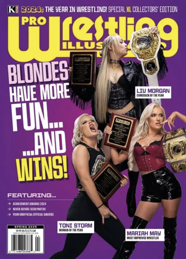 Cover of Pro Wrestling Illustrated magazine, Spring 2024 issue, featuring three women wrestlers holding awards, with bold purple and yellow text highlighting the theme of the year and award winners.