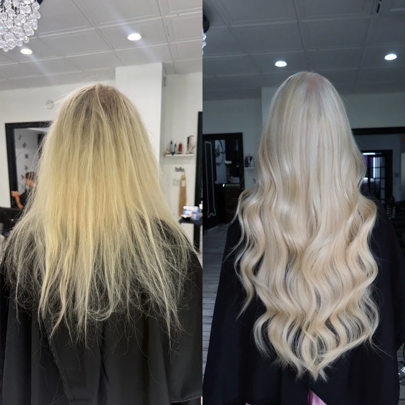 Before and after hair  extensions preformed at Salon amoura near ucf, downtown Orlando, Avalon park, Waterford lakes, and oviedo specializing in hand tied hair extensions  24 inch wefts