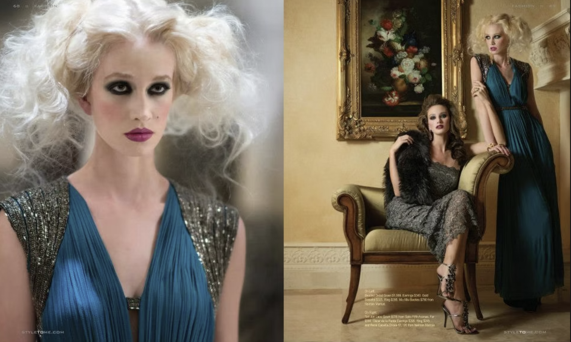 Two women with styled blond hair and dramatic makeup pose in elegant clothing. One woman is shown in a close-up with voluminous hair and wearing a blue dress with shoulder embellishments. The second woman is seated on a vintage armchair, wearing a pa