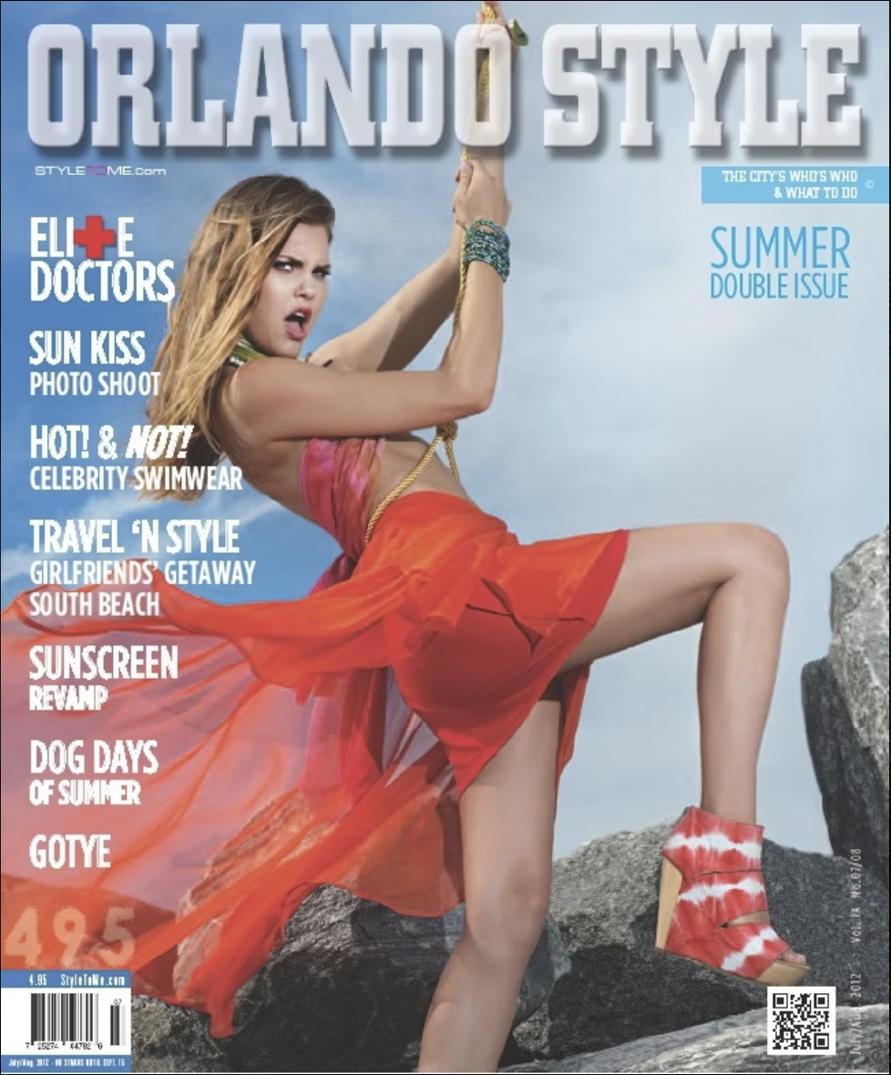 A woman in colorful clothing and tie-dye shoes sitting on rocks, holding onto a rope against a cloudy sky background, on a magazine cover titled 'Orlando Style'.