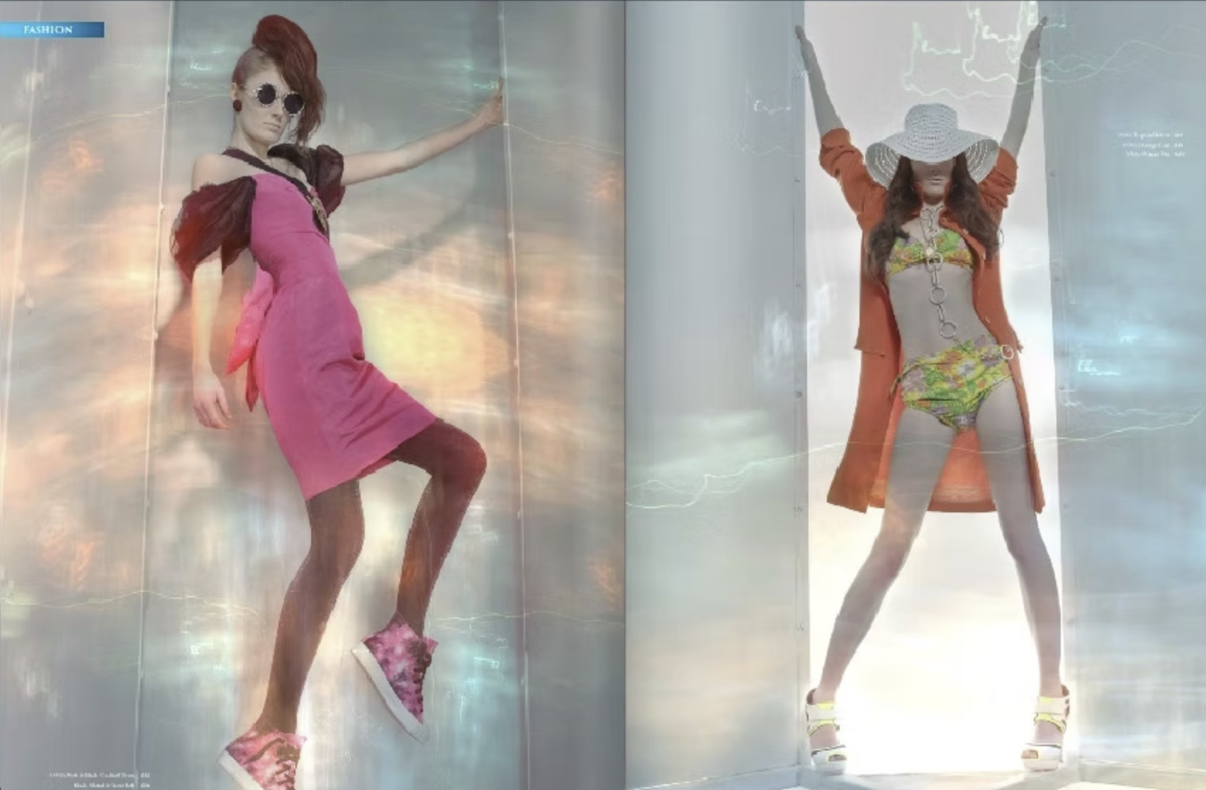 Two fashion mannequins are displayed in a glass case, each wearing colorful outfits and accessories. The left mannequin wears a pink dress, black tights, pink sneakers, sunglasses, and has red hair styled in a high ponytail. The right mannequin wears