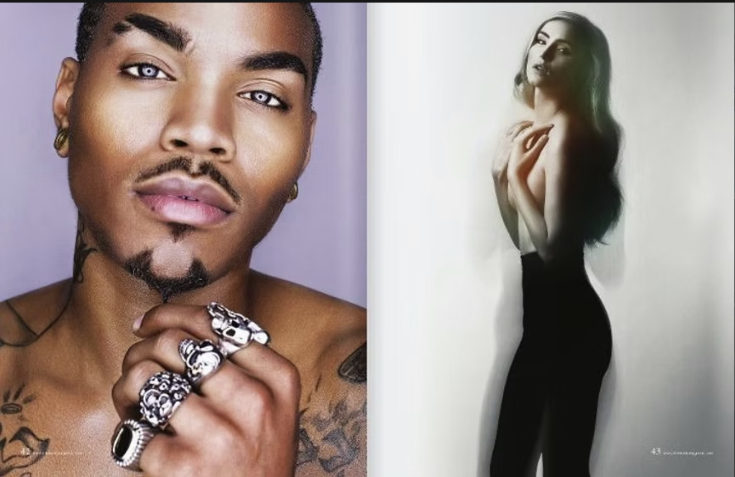 Split image showing a close-up portrait of a man with tattoos, jewelry, and pierced ears on the left, and a black-and-white photo of a woman with long hair in a black dress on the right.