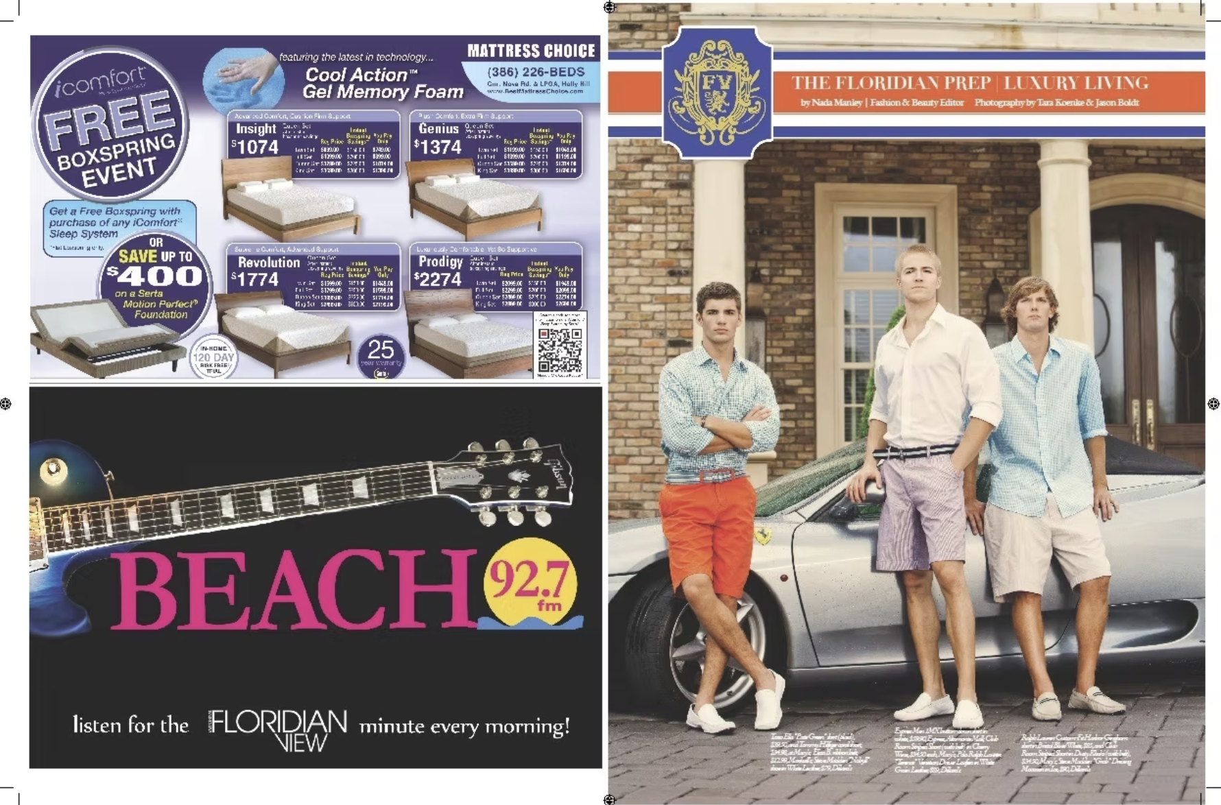 A collage of advertisements and a photograph of three young men standing in front of a brick house with a car. The advertisements include a mattress sale, a radio station promotion, and a guitar ad.