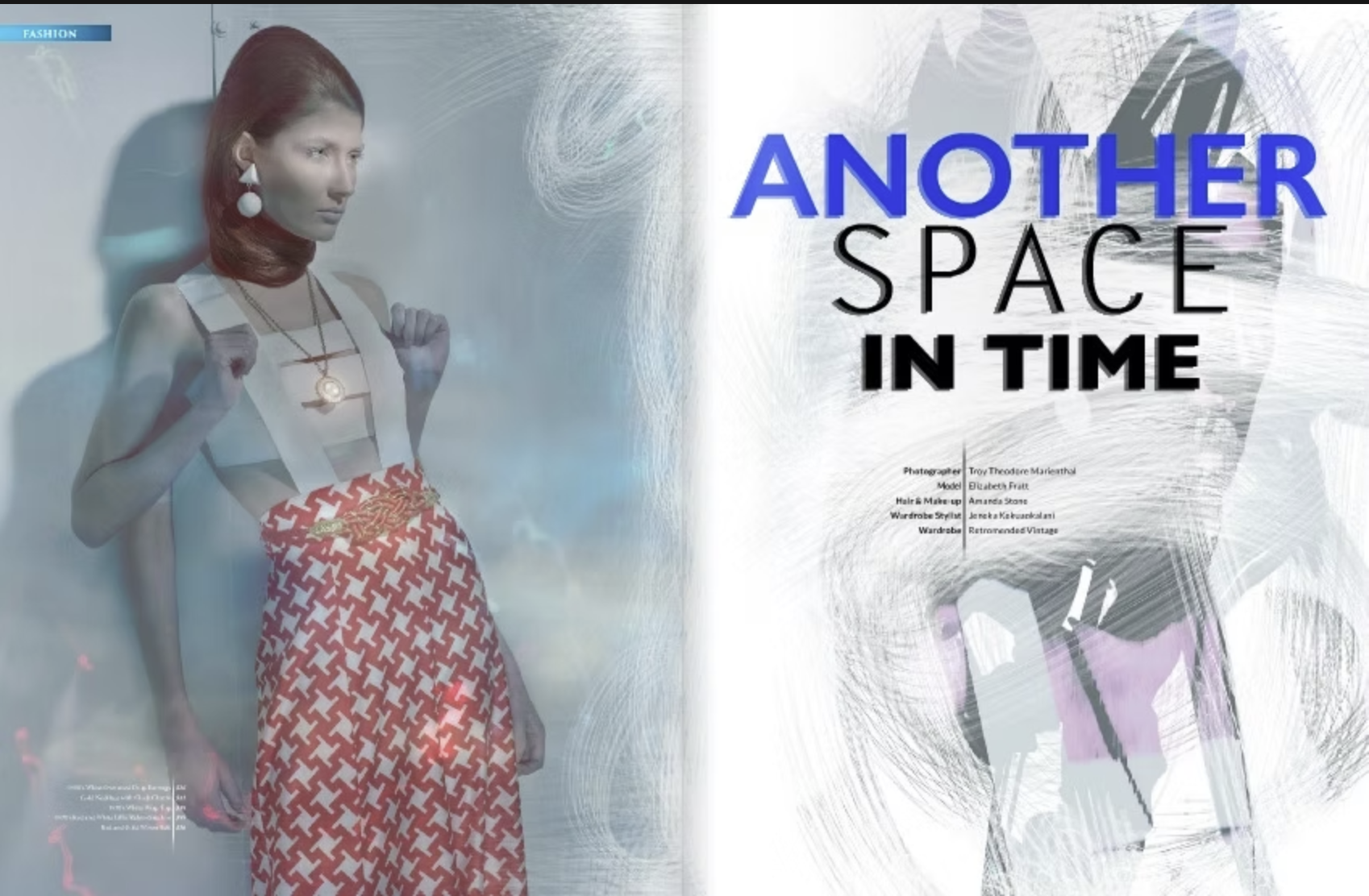 A woman with red hair wearing a sleeveless white top, a patterned red and white skirt, and accessories including large earrings and necklaces. The image appears to be part of a magazine or fashion article titled "Another Space in Time."
