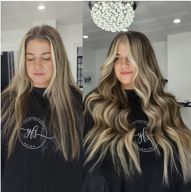 Side-by-side comparison of a woman before and after getting her hair styled with waves and highlights at a salon.