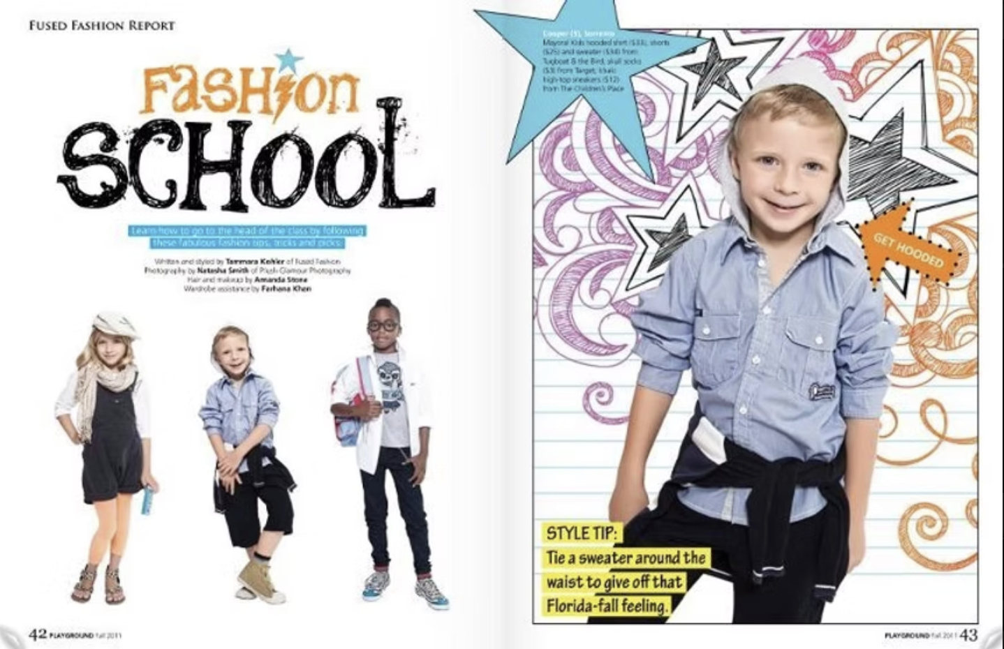 Page from a fashion report featuring kids in school outfits, with one kid wearing a blue shirt and a black sweater tied around the waist. The background is decorated with stars and swirls, and there's a style tip about tying a sweater around the wais