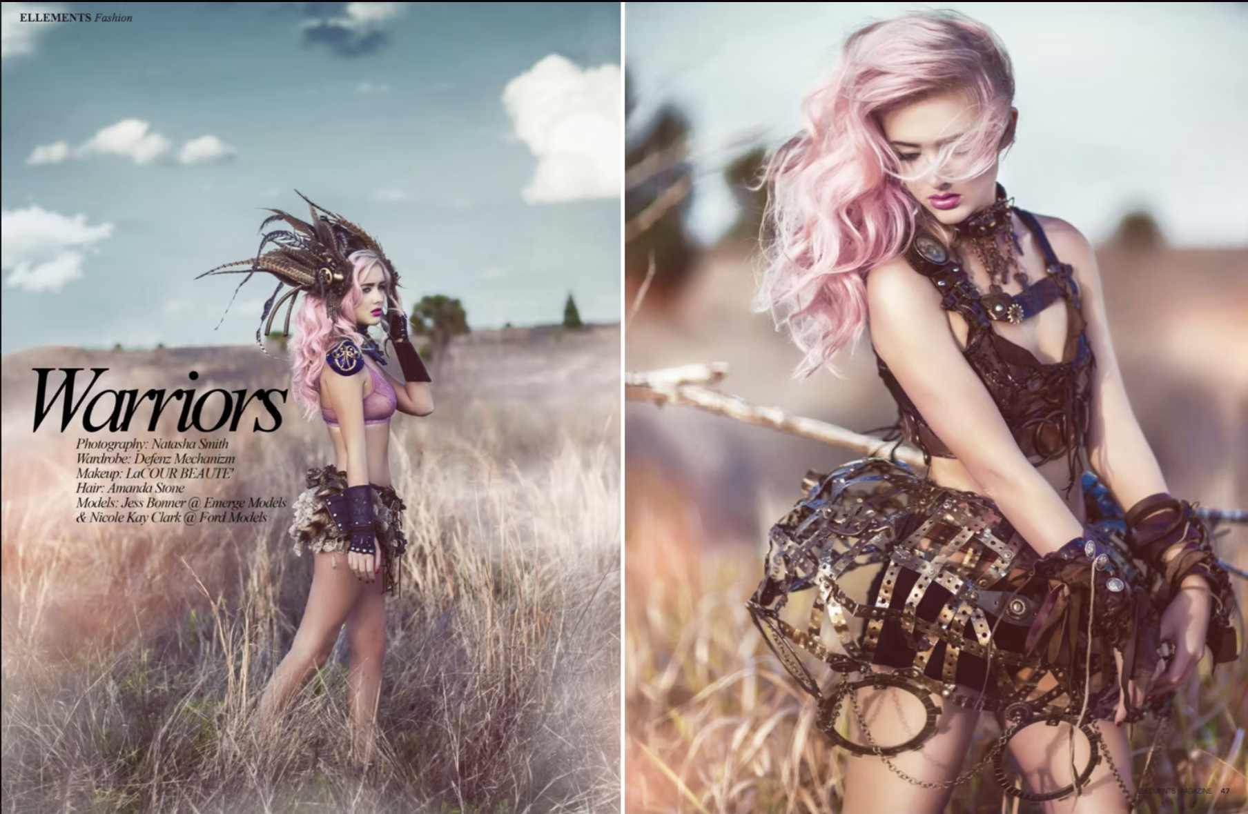 Fashion magazine spread titled "Warriors" featuring a female model with pink hair in a desert landscape, wearing ornate armor-inspired clothing and accessories, with a large feathered headdress on the left page and a close-up of her face and upper bo