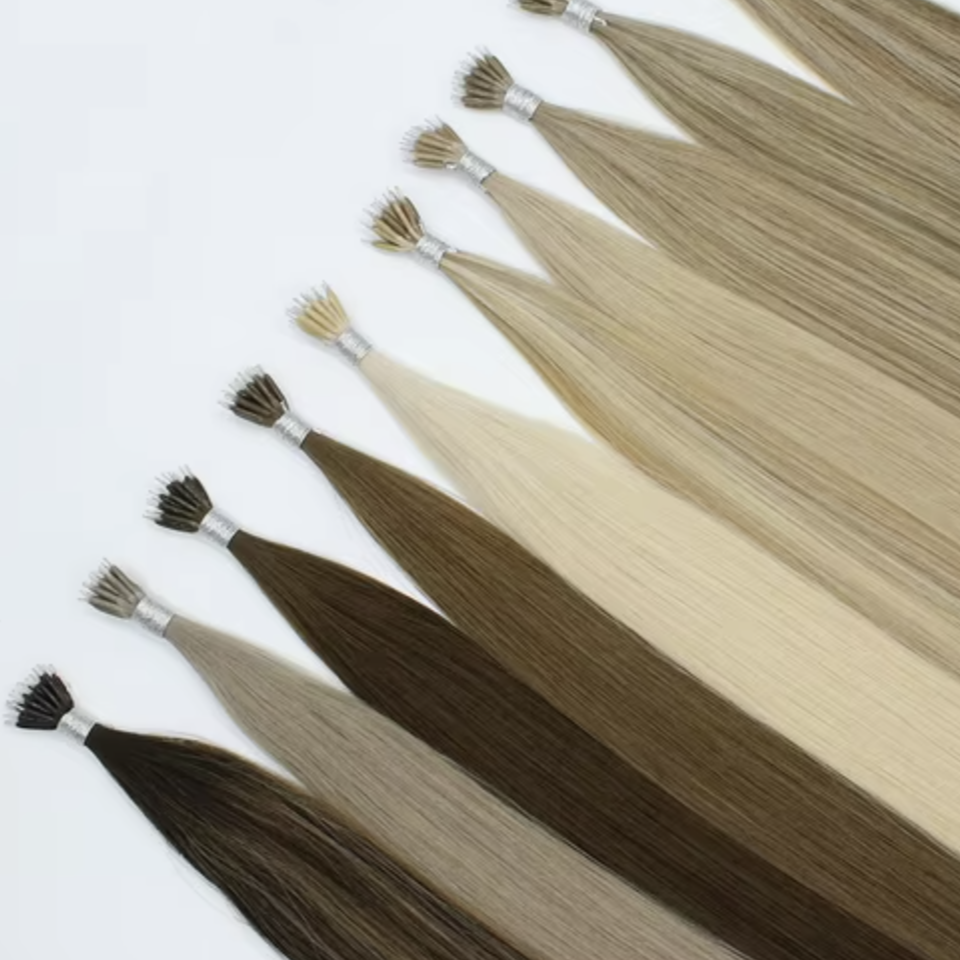 Multiple hair color swatches arranged in a fan, ranging from dark brown to blonde shades.