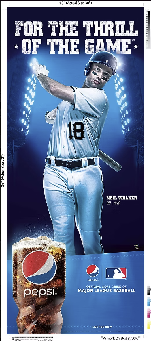 Poster featuring a male baseball player in uniform with black face paint, holding a bat over his shoulder, standing in a stadium illuminated by bright lights. Text reads "For the thrill of the game" and includes the name Neil Walker, his position, an