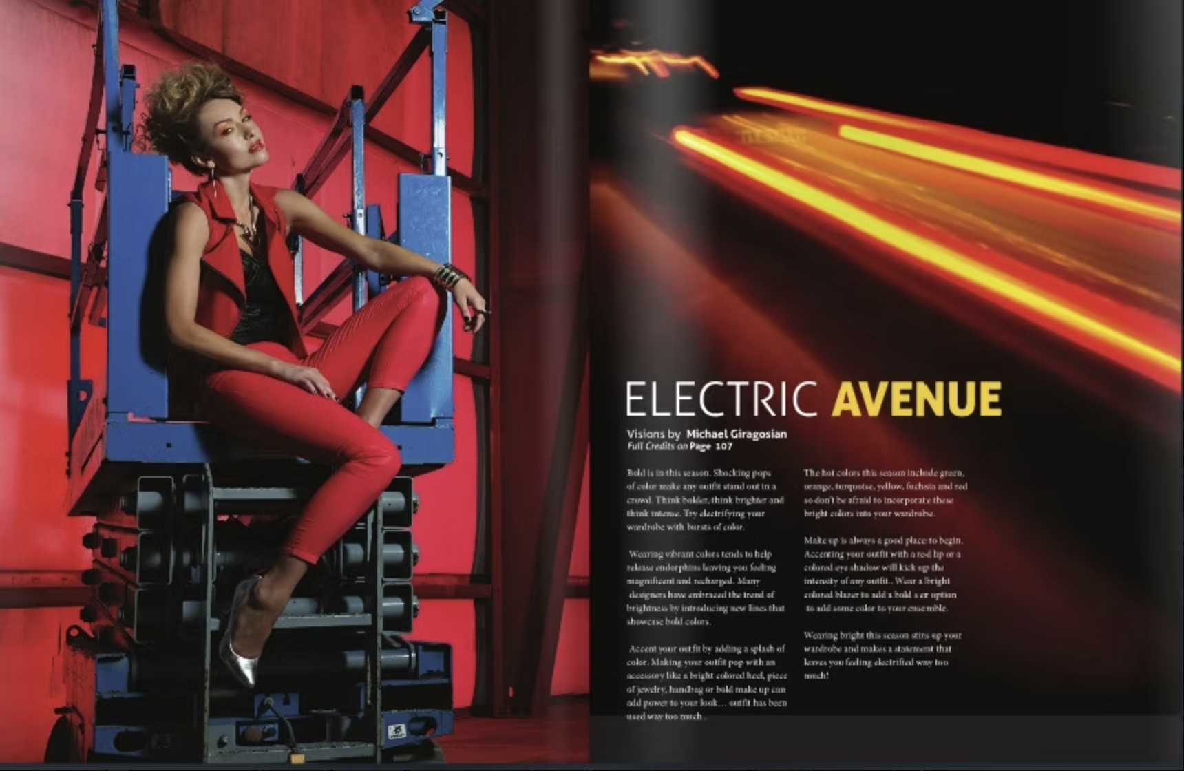 Fashion magazine page featuring a woman dressed in red sitting on a blue platform with red and black background, next to an article titled 'Electric Avenue' about bold vibrant colors and styling tips.