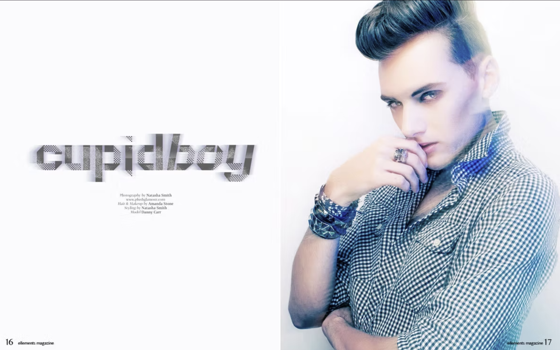 Magazine page featuring a male model with styled hair, wearing a checkered shirt, accessories including rings and bracelets, with a serious pose, and the word "euphoria" in a stylized font on the left side.