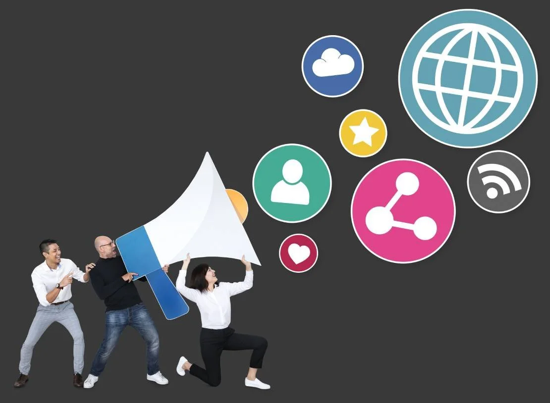 Three people holding a large megaphone icon surrounded by social media and internet icons against a dark background.