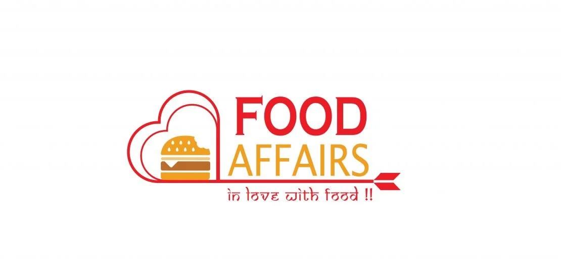 Logo for Food Affairs featuring a stylized heart with a burger inside, the text 'FOOD AFFAIRS' in red and yellow, and the slogan 'in love with food !!' in red