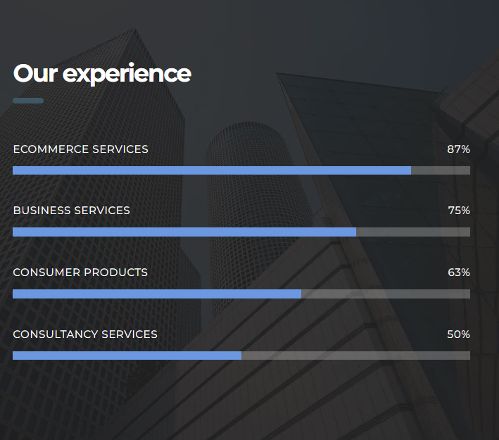 Bar chart titled 'Our experience' showing percentages for ecommerce services, business services, consumer products, and consultancy services over a background of skyscrapers.