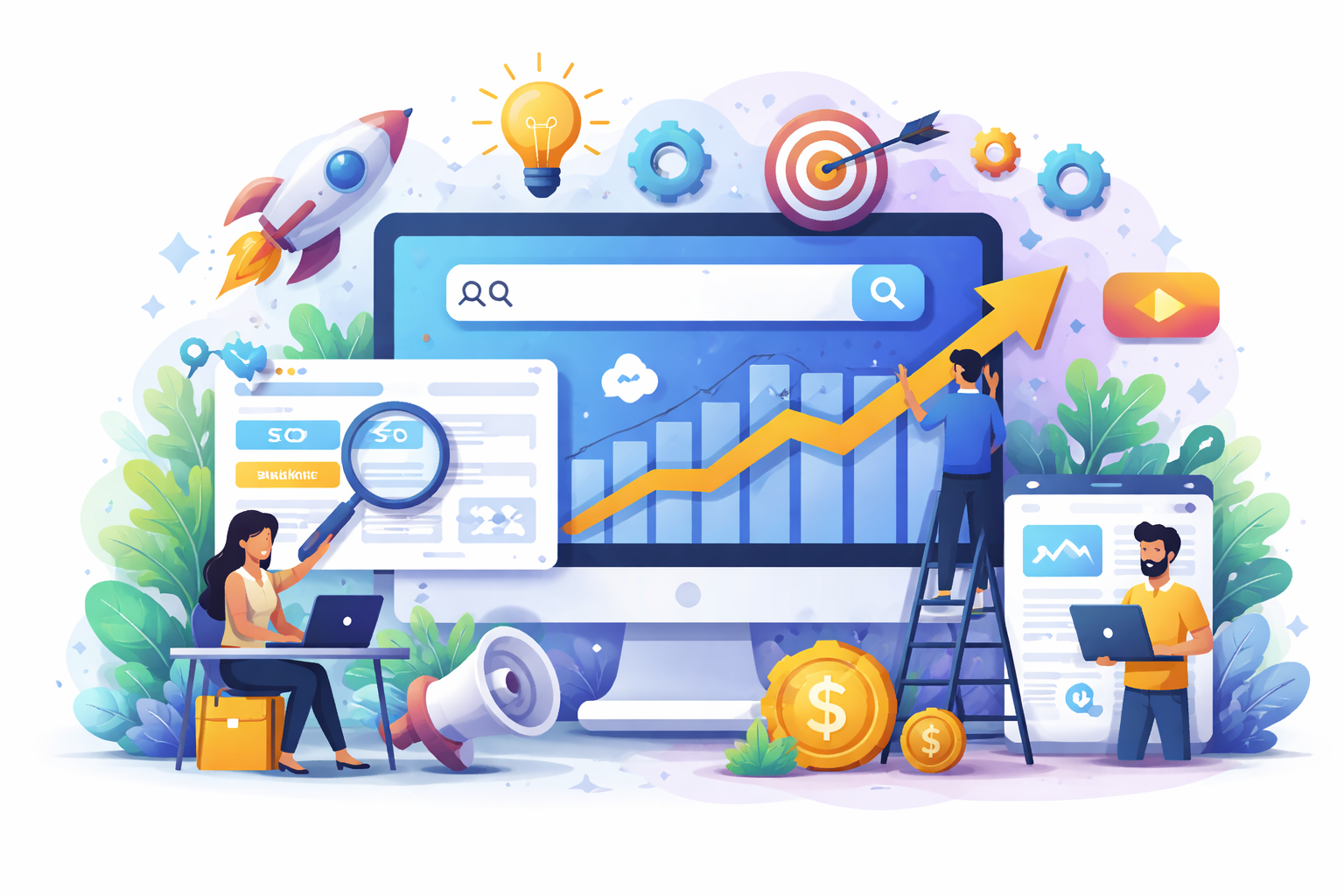 Illustration of digital marketing and growth analysis with people analyzing charts, a rising graph, search bar, and business icons, surrounded by plants and digital icons.