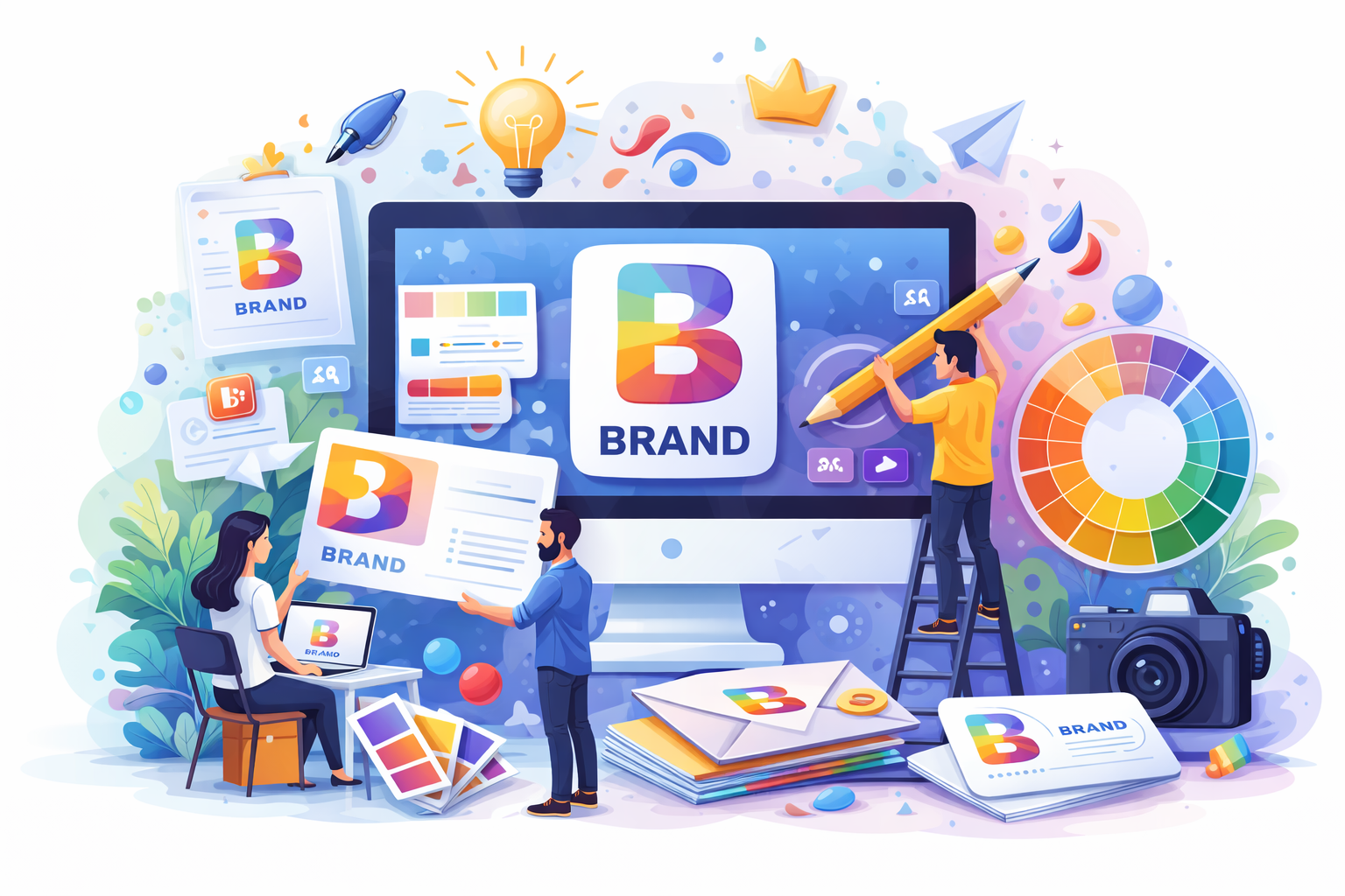 Illustration of a team designing a colorful brand logo on a computer, with color palettes, charts, and branding materials around them.