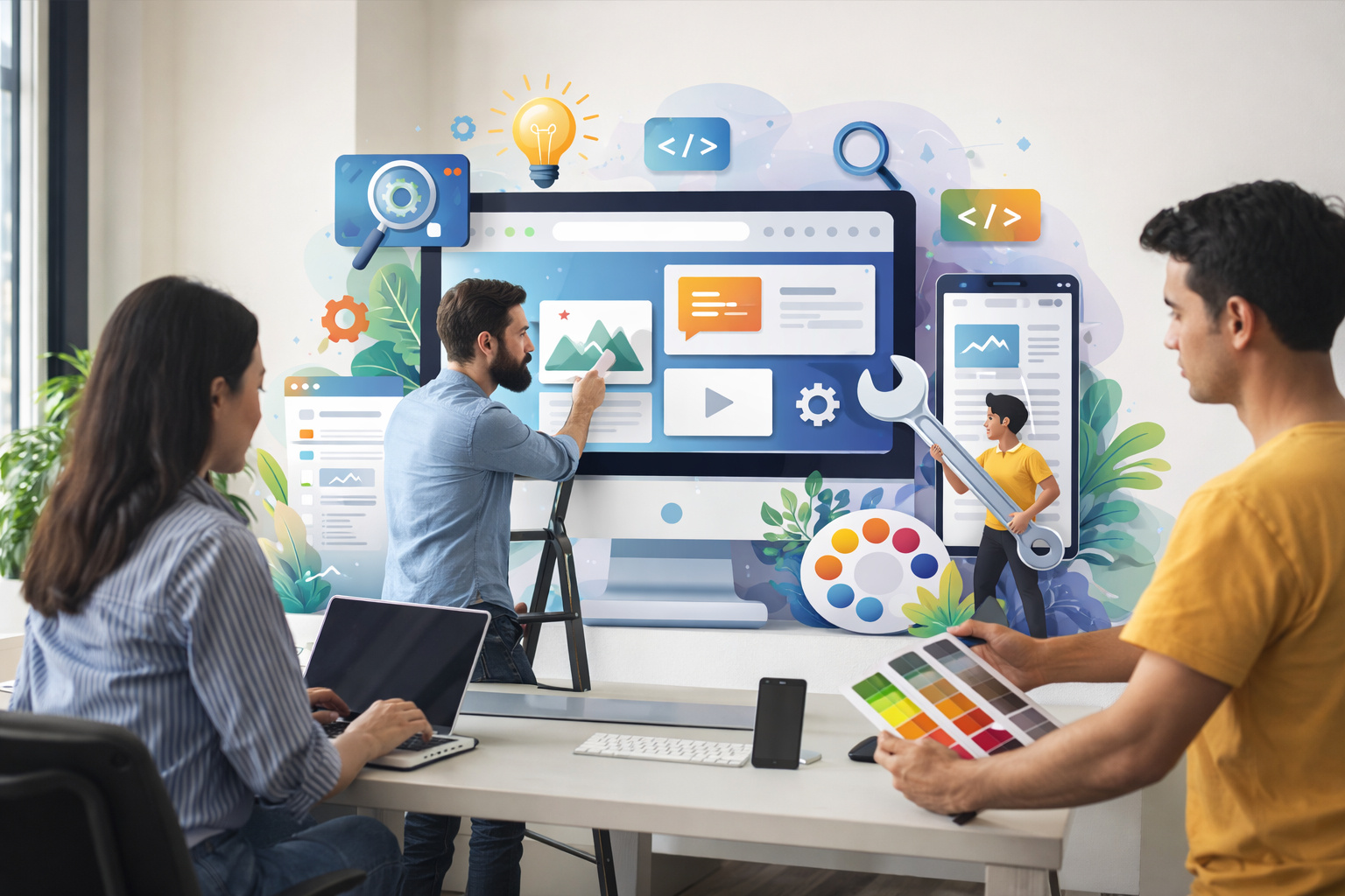 A group of people in a workspace collaborating on a digital design displayed on a large wall screen, with various creative tools and colorful graphics.