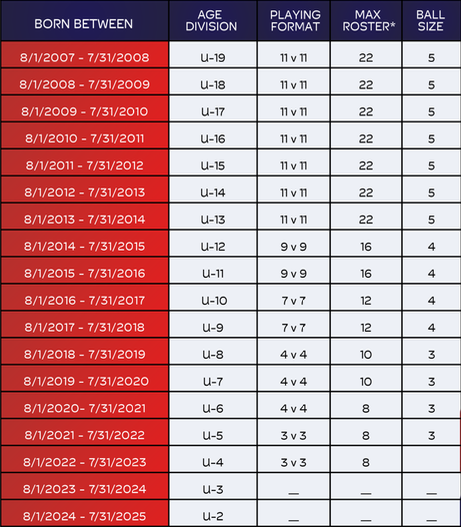 Table listing age divisions for youth sports, with columns for birth date ranges, age division, playing format, max roster size, and ball size. The table spans from August 1, 2007, to July 31, 2025.