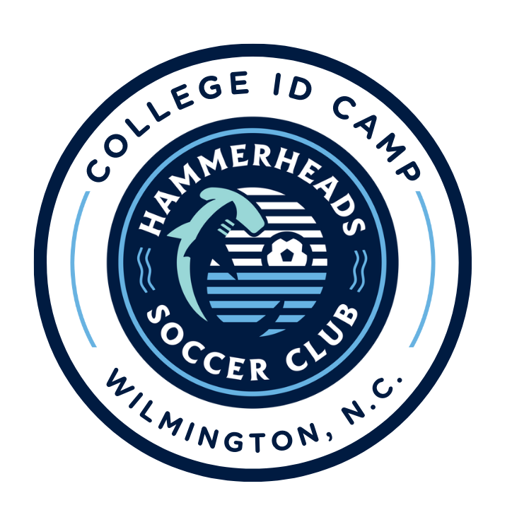A circular logo for Hammerheads Soccer Club at College ID Camp in Wilmington, North Carolina, featuring a shark and a soccer ball.
