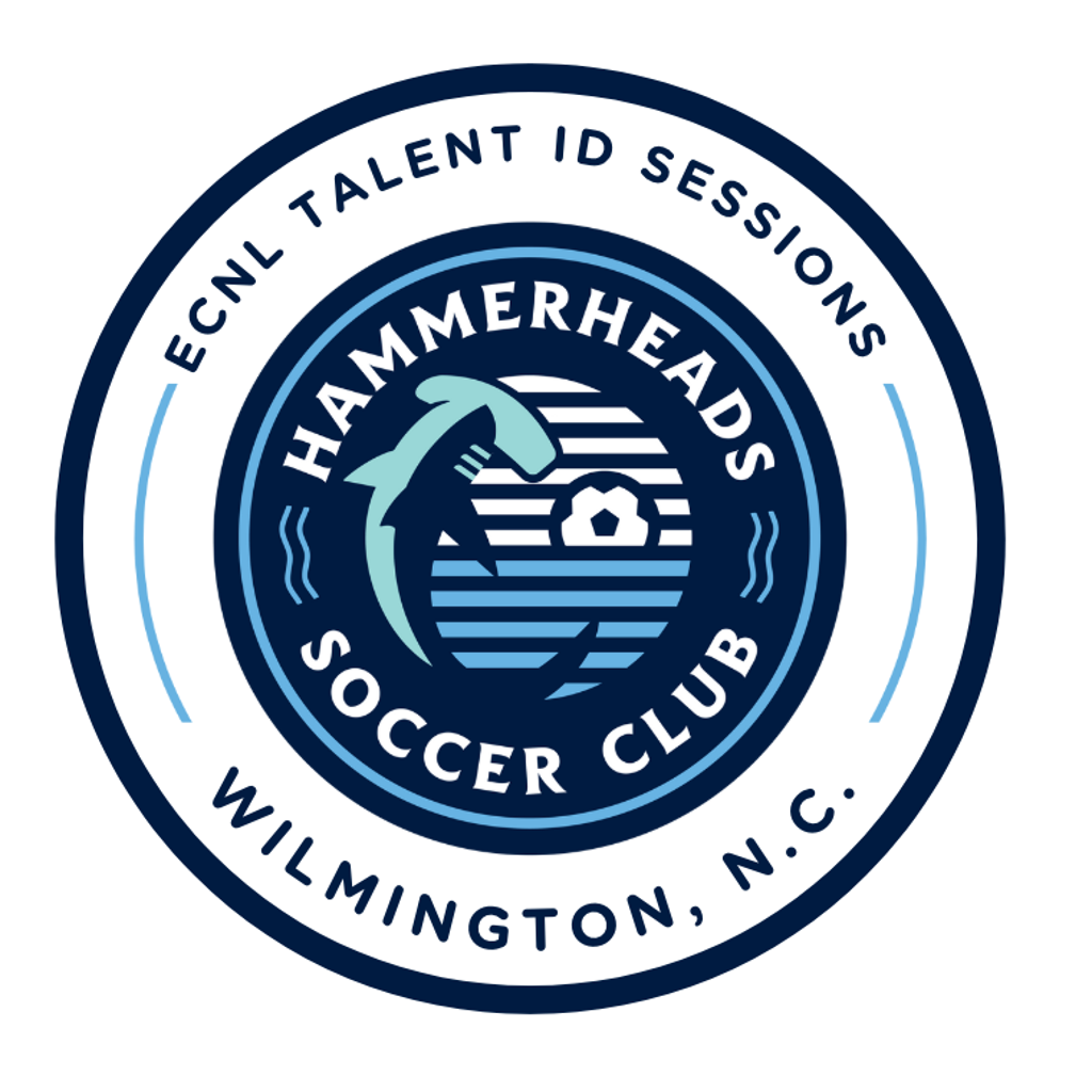 Seal of Hammerheads Soccer Club featuring a dolphin, a soccer ball, and waves, with text indicating ECSL Talent ID Sessions in Wilmington, N.C.