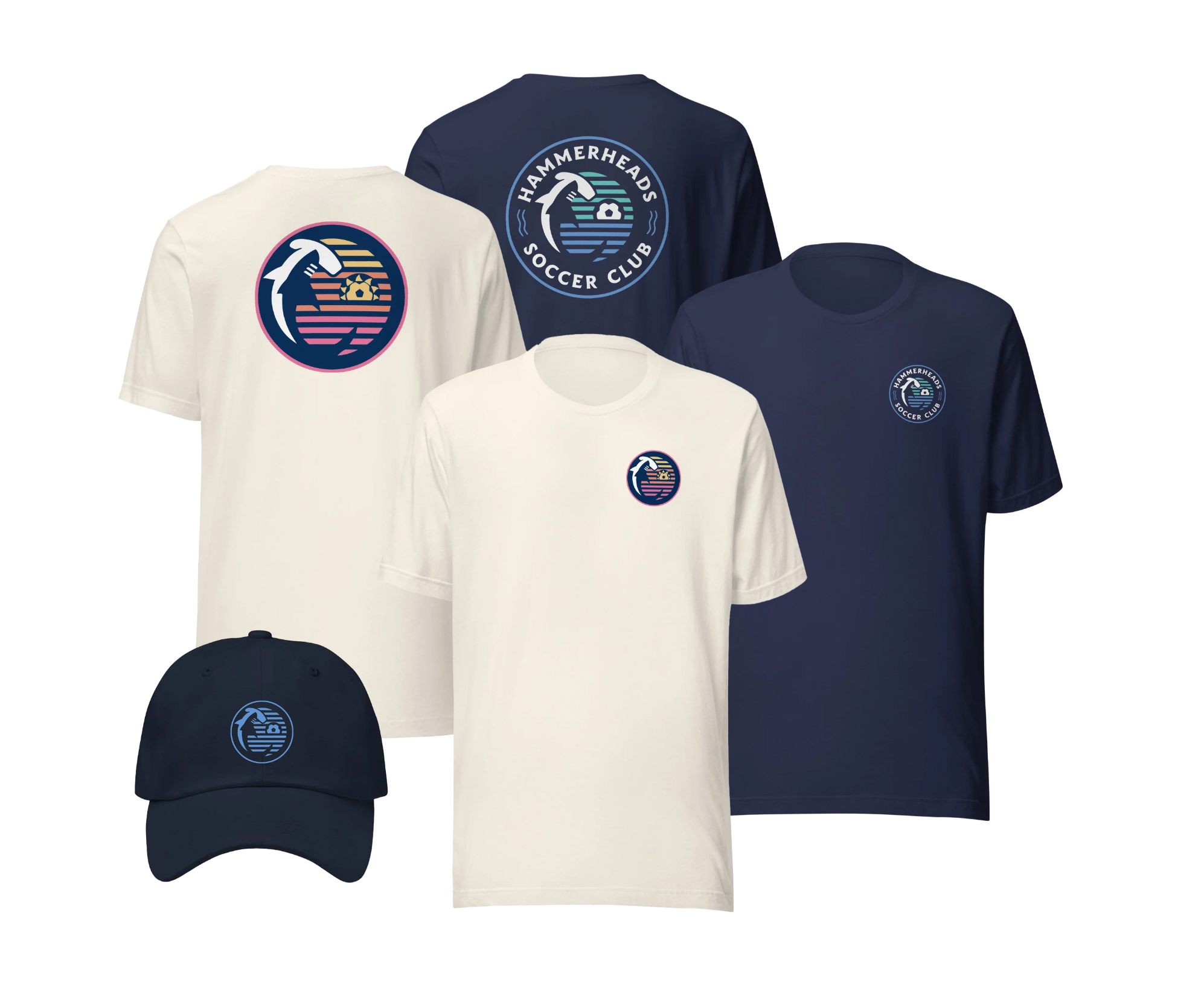 Collection of white and navy blue T-shirts and a navy blue cap featuring a circular logo with a horse, soccer ball, and water waves, representing Hammerheads Soccer Club.