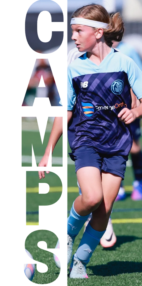 A young girl playing soccer on a field, wearing a blue sports uniform and a white headband, with the word 'CLAMPS' vertically overlaid.
