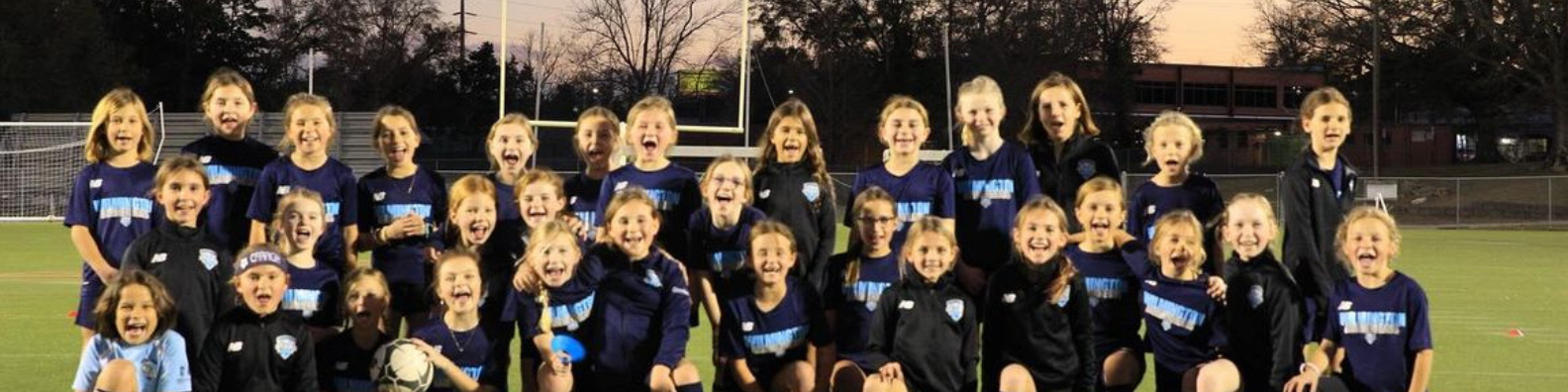 A group of young girls in sports uniforms posing together on a soccer field during dusk.