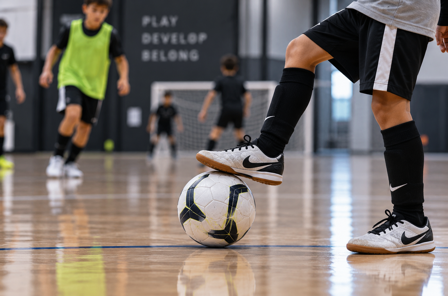 Kids playing indoor soccer, with one child in the foreground balancing a soccer ball on their foot, wearing black and white Nike sneakers and black knee-high socks, a gym with a goal net and a motivational wall in the background.