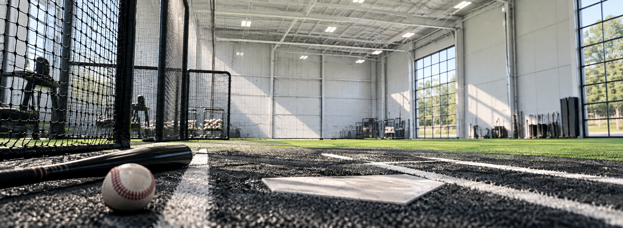 Indoor baseball practice facility with a baseball, bat, and batting tee on the black rubber floor, surrounded by nets and large windows