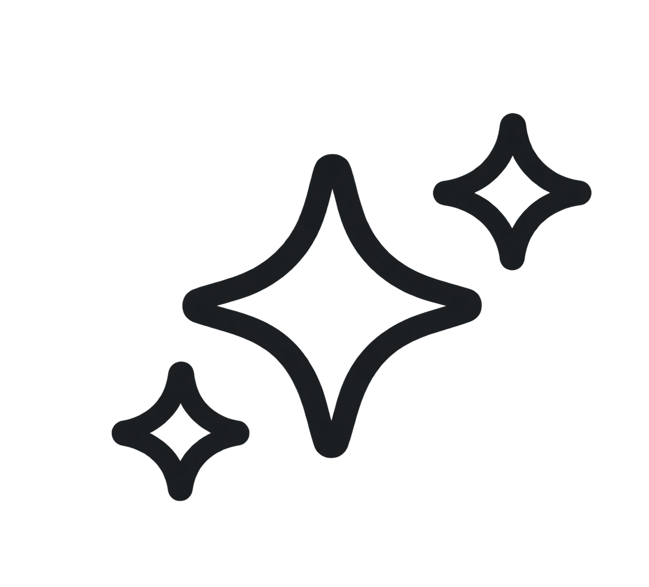 Three black star-shaped sparkles with a smaller sparkle on the right side.