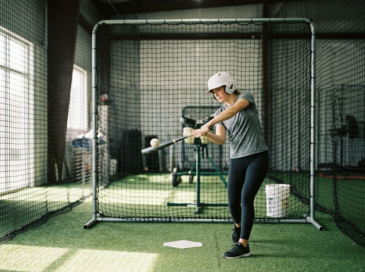 A young woman practicing baseball inside a batting cage with green artificial turf, wearing a white helmet, grey t-shirt, black leggings, and black athletic shoes, while swinging a bat at a baseball.