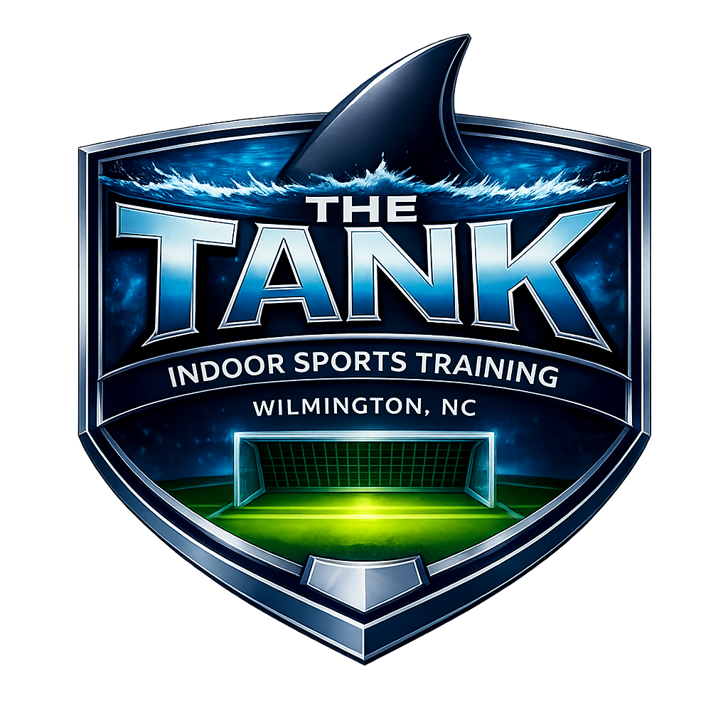 Logo for The Tank Indoor Sports Training in Wilmington, NC, featuring a shark fin, water, a sports goal, and neon effects.