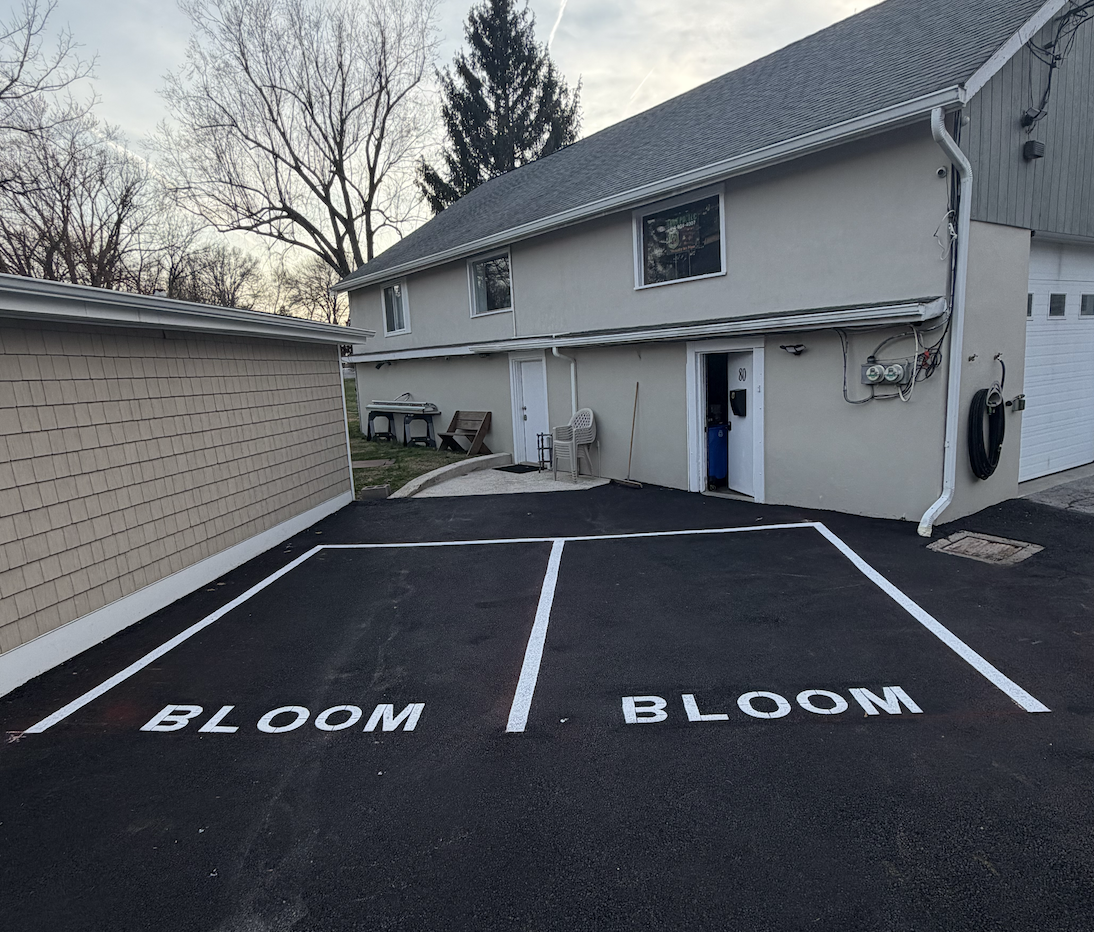 Empty parking lot with two spaces marked 'BLOOM' in front of a residential building, with a house and trees in the background.