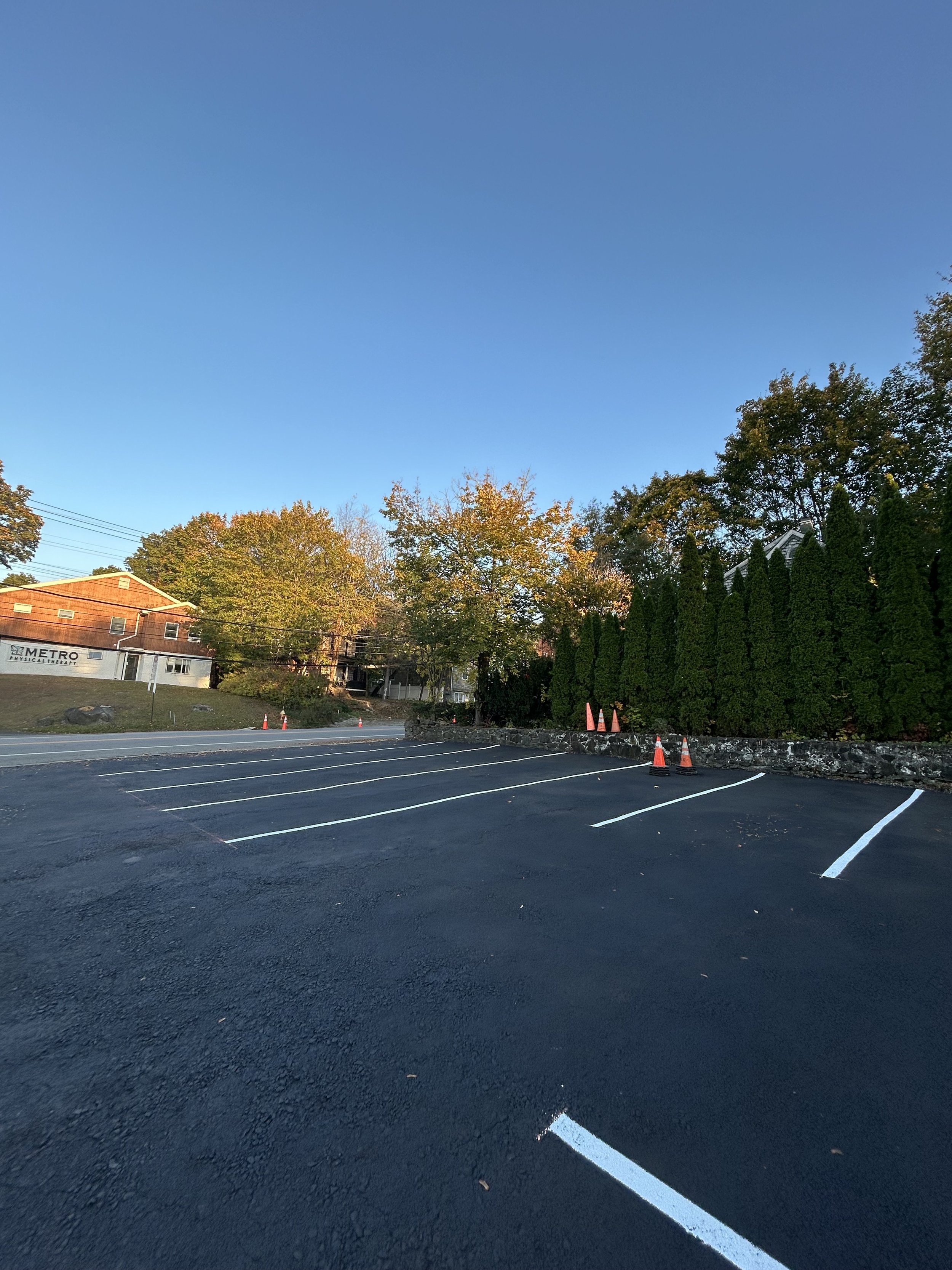 Empty parking lot with some orange traffic cones and trees in the background under a clear blue sky.
