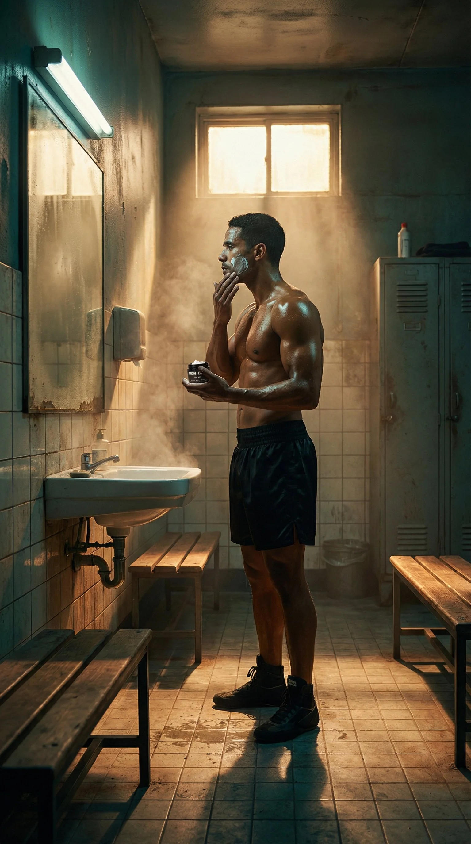 A muscular / athletic man standing in a steam-filled locker room, he is applying facial moisturiser while holding the cosmetic jar in his hand, with wooden benches and lockers around. The scene takes place after boxing / martial arts training.
