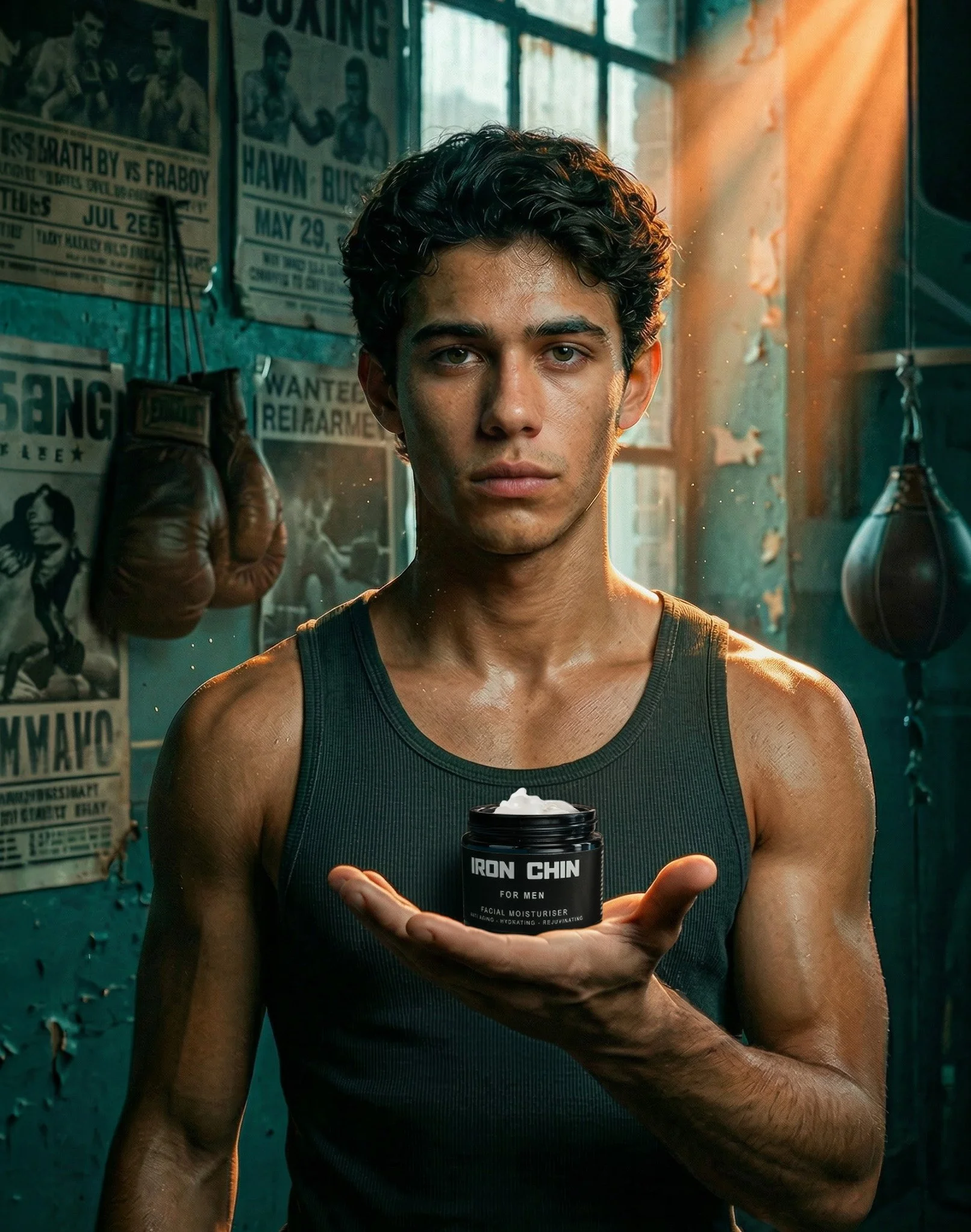 A young man with dark curly hair and a muscular build holding a container of face moisturizer labeled 'Iron Chin for Men' in a gym with boxing posters and a punching bag in the background.