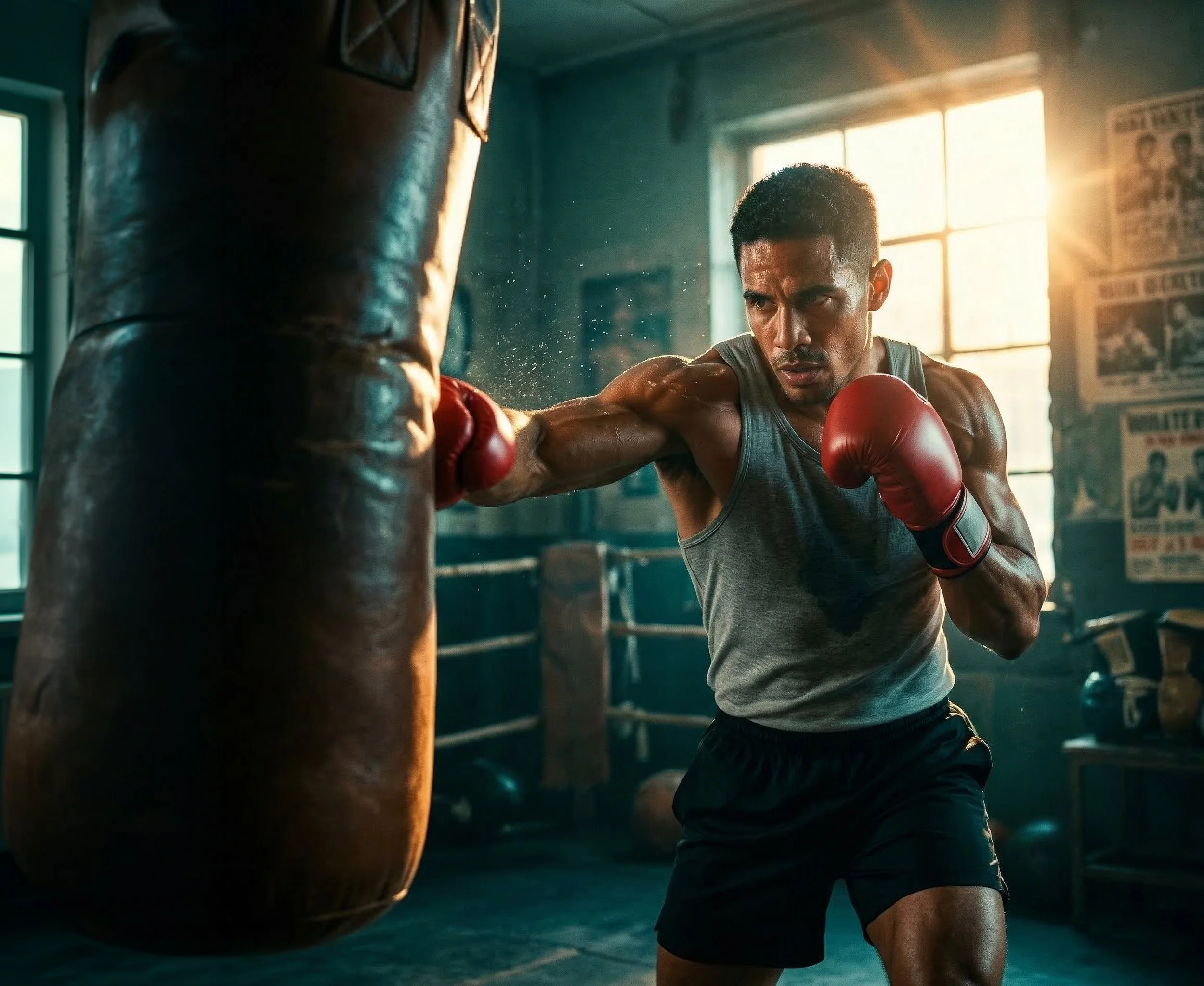A boxer practicing punches on a punching bag in a gym with sunlight streaming through the windows.